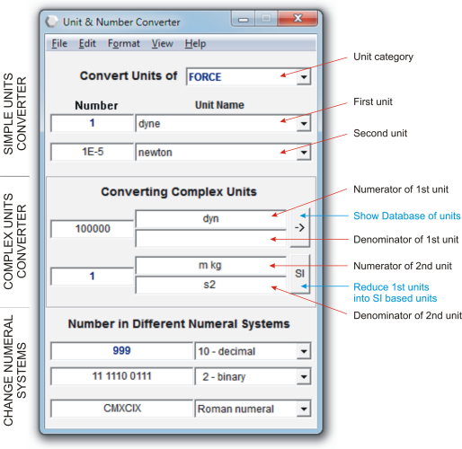 UN Converter: Main window of the Unit and Number Converter